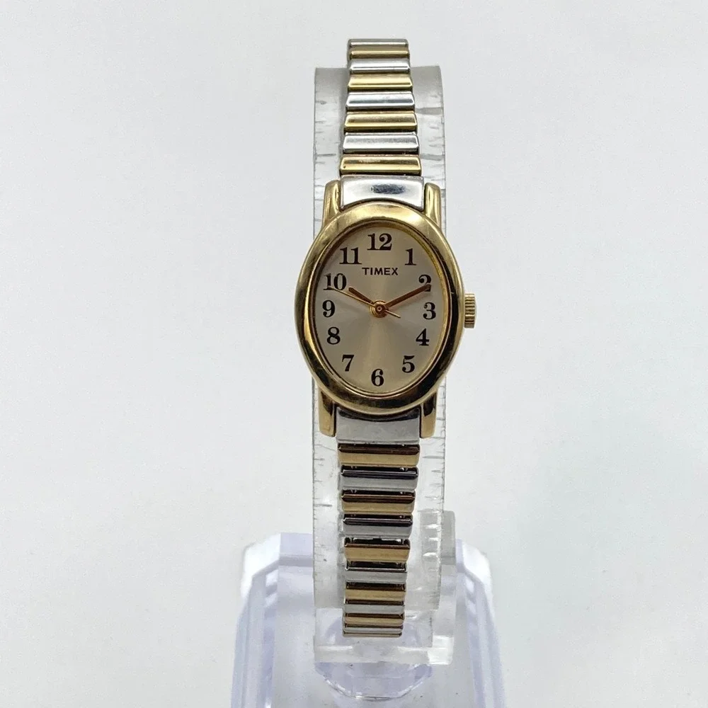 Timex Cavatina Womens Watch 18mm Gold Silver Tone Stretch Band New Battery SMALL